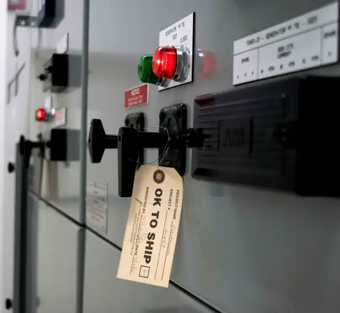 Detalle de tablero de control industrial con etiqueta de inspección de calidad "OK to SHIP", garanti